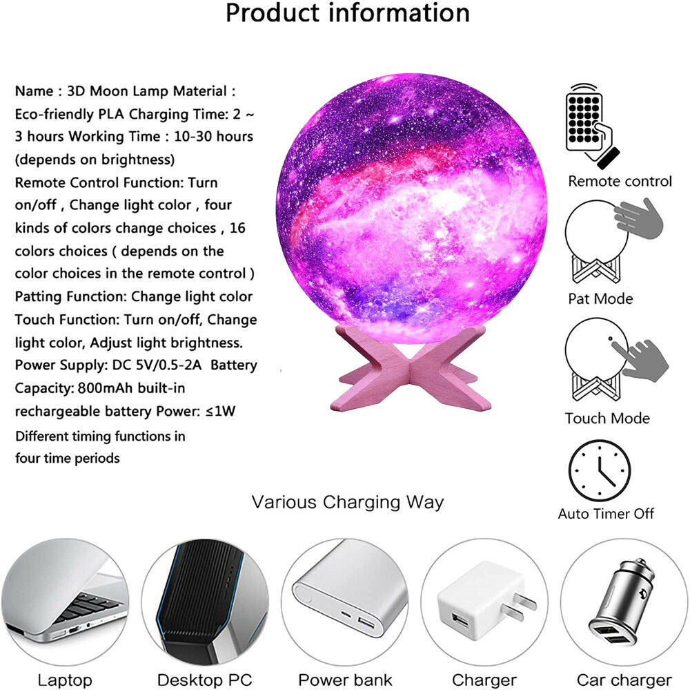 Luna Glow Galaxy Lamp Moonlight USB LED Night Lunar Light Touch Color Changing Moon Lamp